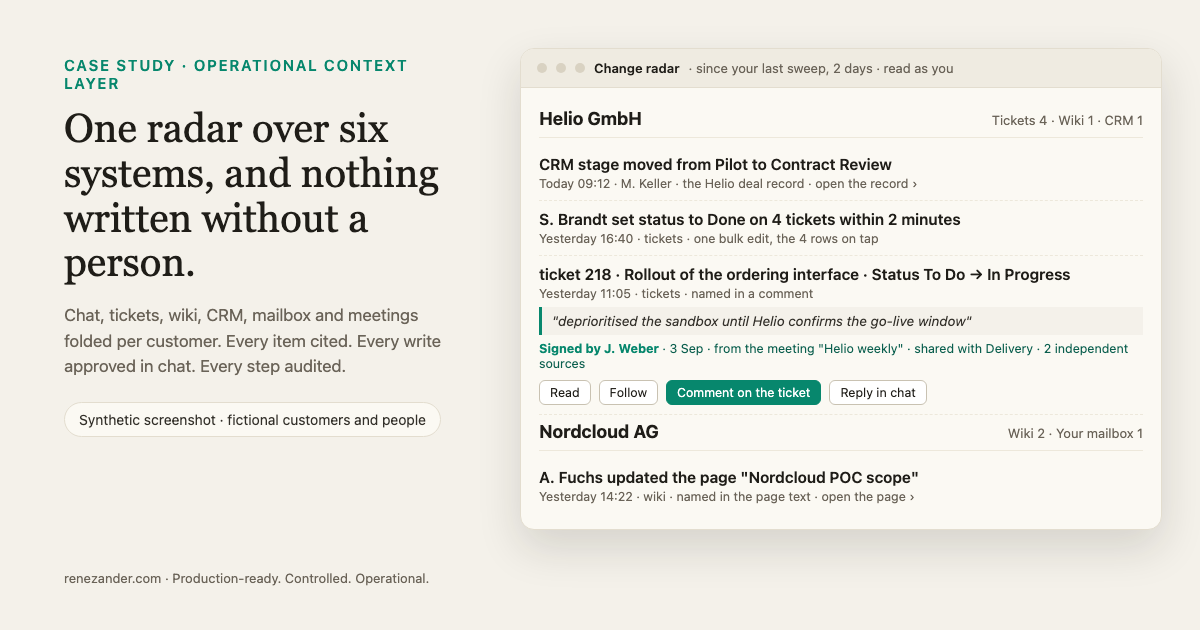 Context Layer for AI Agents: Sourced Answers and Human-Approved Actions Across Chat, Tickets, Wiki and CRM